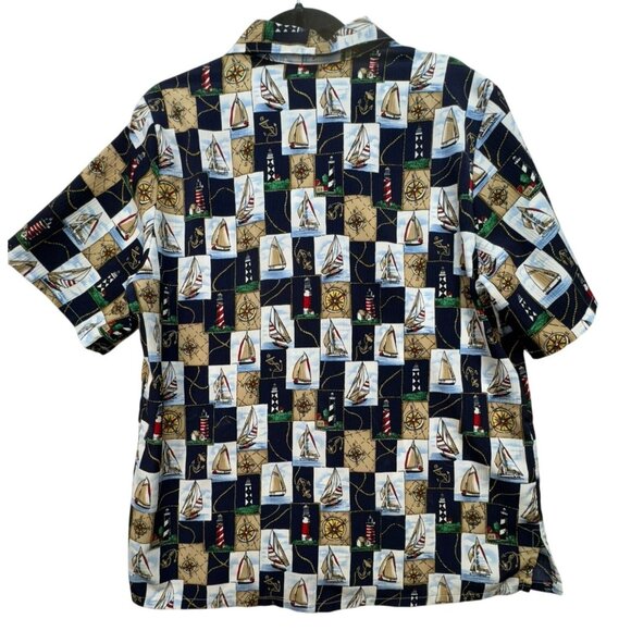 Vintage BonWorth Mens Nautical Print Short Sleeve Shirt M Navy Tan - Picture 10 of 12
